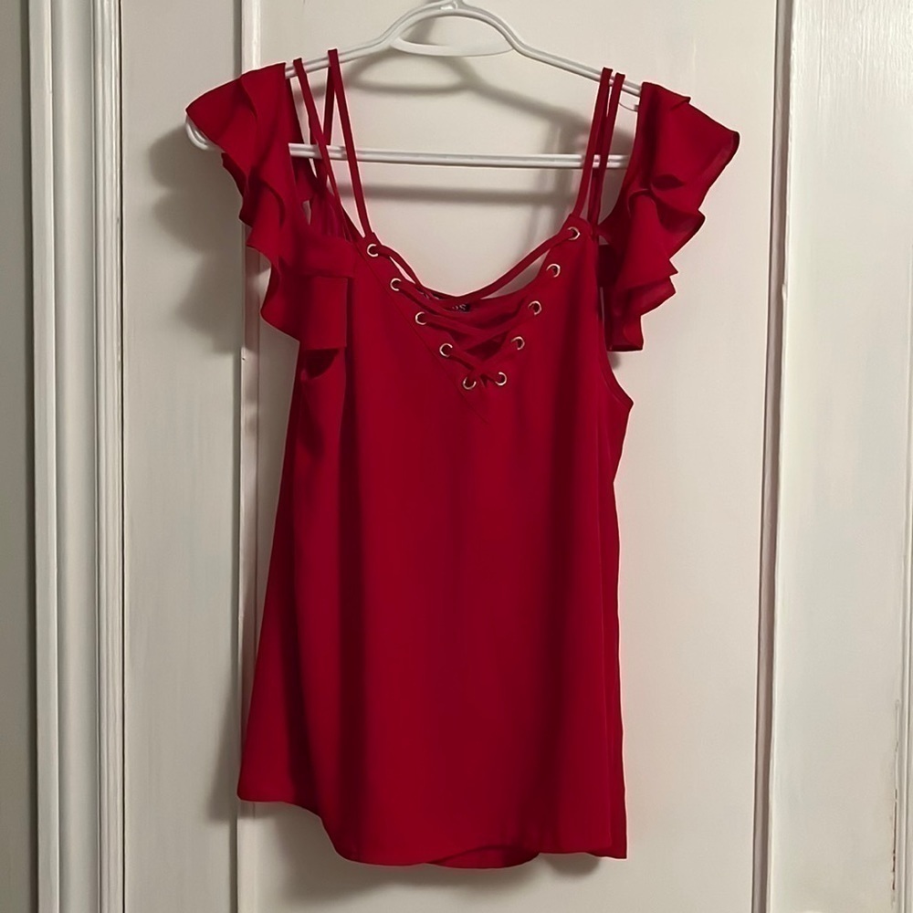 Express Sleeveless blouse, red small, ruffle cap, double spaghetti strap